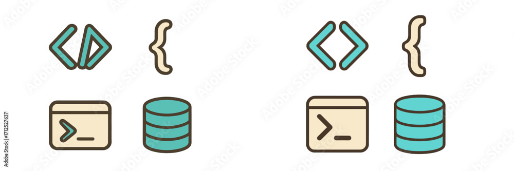 Poster programming code symbols, curly braces, terminal, and database icons representing software developme