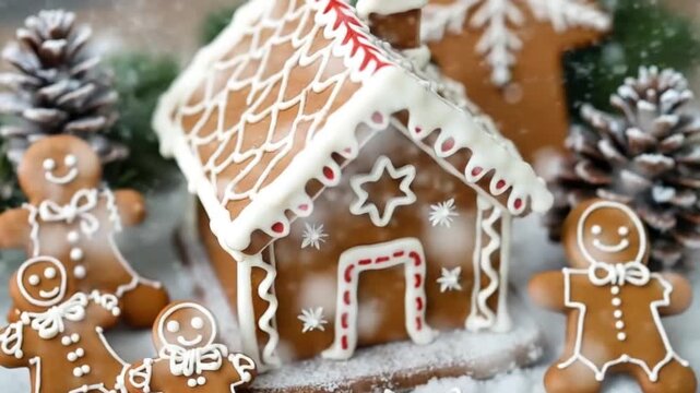 Gingerbread house with white icing. Christmas food. Gingerbread cookies. Top view