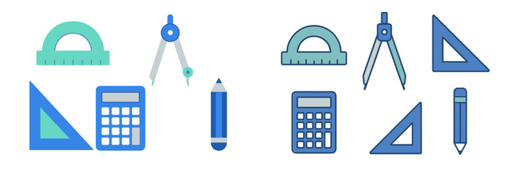 Mathematical and geometry tools set with protractor, compass, set square, calculator, and pencil for school education