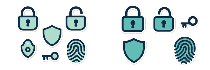 Digital security and data protection icons set with padlocks, keys, shields, and biometric fingerprint symbols