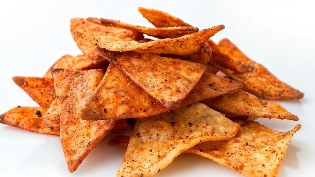 A pile of baked chips on a white plate, perfect for snacking or serving at a party