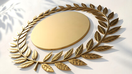 A golden laurel wreath with an oval blank plaque in the center symbolizing victory achievement and recognition isolated on transparent background