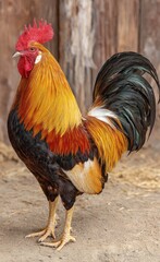 Fototapeta premium A vibrant rooster, with a striking array of orange, red, and black plumage, stands proudly on a rustic ground, displaying a regal and alert demeanor.
