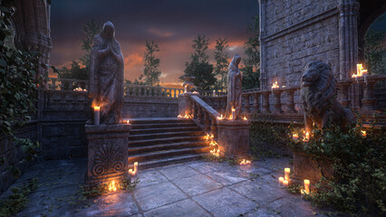 Gothic medieval castle courtyard with stone statues beside a staircase, lit by candles. 3D render.