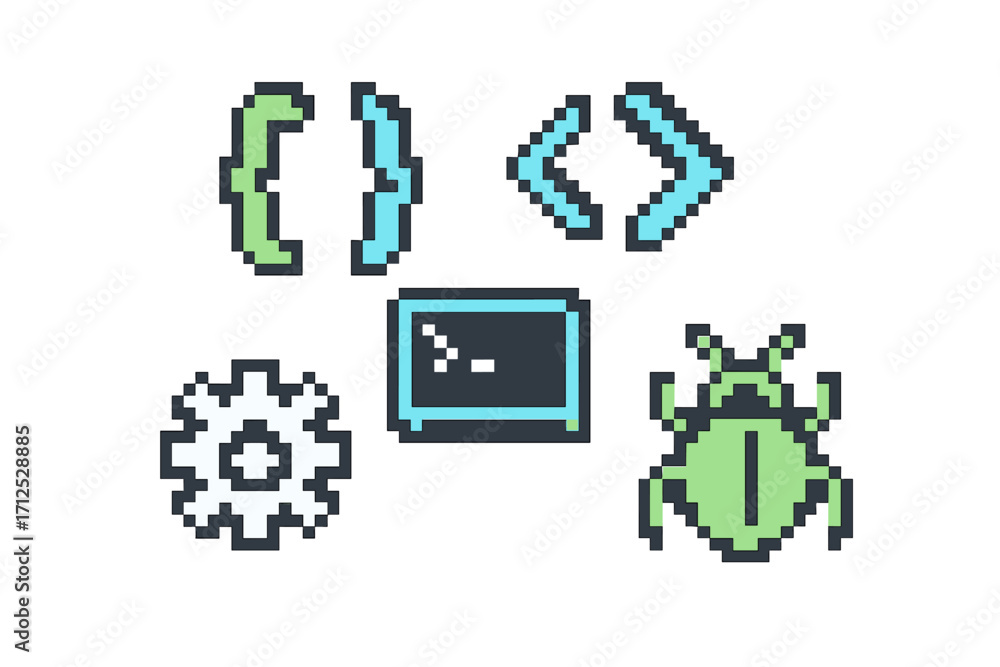 Poster set of pixel art style programming and development icons including braces, brackets, terminal, gear,