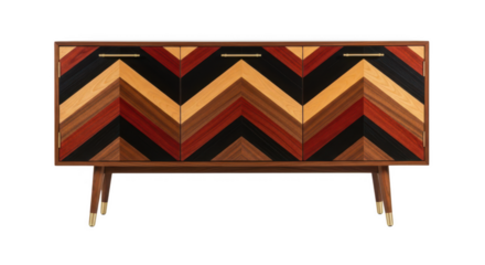 Vintage mid century modern wooden cabinet with chevron pattern isolated on transparent background