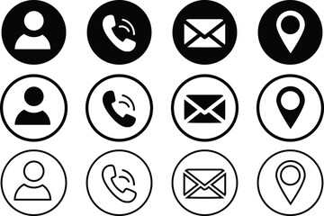 Modern Business Card Contact Icons Collection – Minimal Circle Style Vector Set of Phone, Email, Address, Location and User Profile Symbols. Simple Thin Line Outline for Web, CV, Resume and Company Us