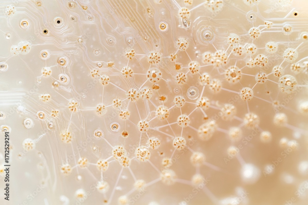Poster abstract interconnected network of circles and lines with a soft focus, giving an organic cell-like 