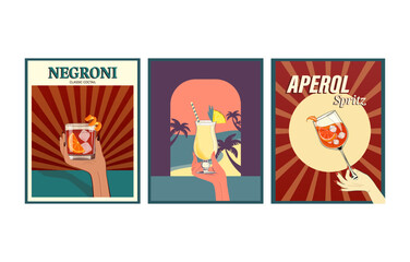 Hands holding cocktails negroni, pina colada and aperol spritz in vintage style posters