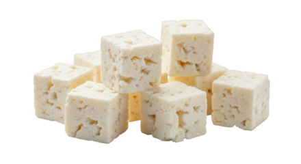 Freshly cubed feta cheese piled on a white background, ready for culinary use