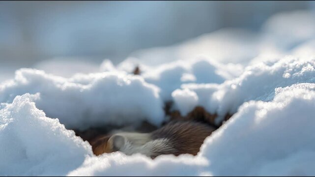 Groundhog peeking out of snowy burrow during winter, symbolic scene for Groundhog Day tradition