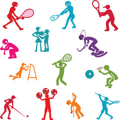 Collection of Stylized Human Silhouettes Engaged in a Variety of Sports and Recreational Activities