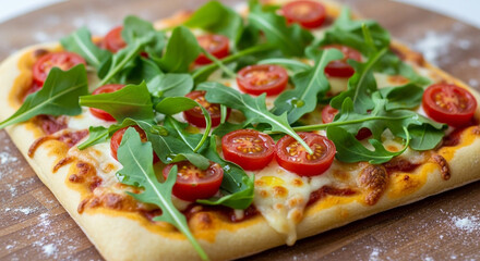Delicious homemade pizza with vibrant arugula and juicy cherry tomatoes ready to be served for dinner