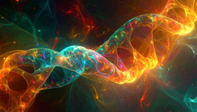 Vibrant, glowing abstract helix resembling DNA, with colorful light particles against a dark background, symbolizing science, genetics, and biotechnology.