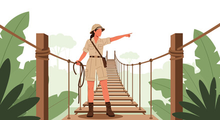 Explorer On A Suspension Bridge Guides The Path Through The Lush Jungle Landscape