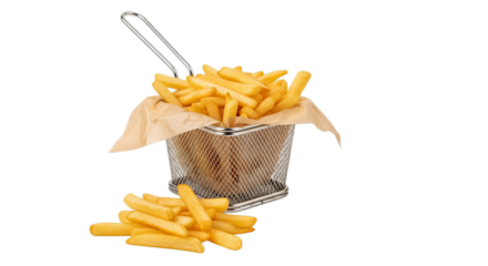 Golden crispy french fries served in a wire basket with a side of fries scattered on a white background.