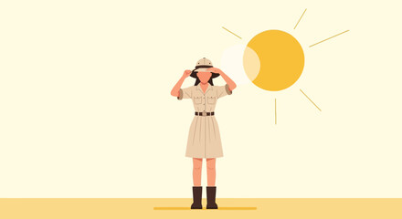 Obraz premium Explorer Shielding Eyes From Sunshine Under A Bright Yellow Celestial Body In The Outdoors