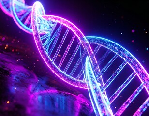 A vibrant, glowing neon DNA double helix structure floating in a cosmic, abstract space, representing genetic research and biotechnology.