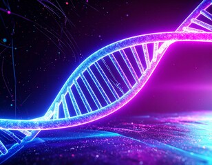 A vibrant, futuristic digital illustration of a glowing DNA double helix molecule against a dark, sparkling cosmic background.