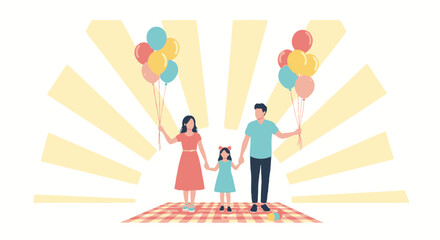 Family With Balloons Enjoying The Sunshine Together Happiness And Leisure Time