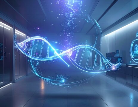 A glowing holographic DNA double helix floats inside a futuristic science laboratory or data center.