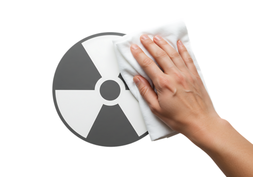 Hand cleaning radioactive symbol on white surface, symbolizing decontamination and safety measures in hazardous environment.