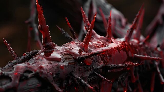 A close-up shot of a tree branch with blood stains, suitable for horror or crime scene scenarios