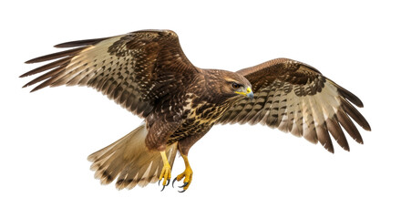 Isolated bird of prey soars with widespread wings, talons extended, brown and cream plumage