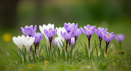 Crocus Flowers Purple and White Blooming in Green Grass