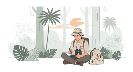 Fototapeta premium Exploring Jungle: Journey, Observation and Sketching, Depicting Adventurous Expedition Scene