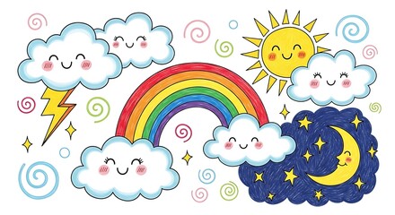 Cute Cartoon Weather Illustrations with Clouds, Sun, Moon, Stars, Rainbow, and Lightning.