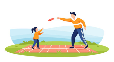 Father And Daughter Joyfully Playing With Frisbee On A Picnic, Summer Outdoor Fun