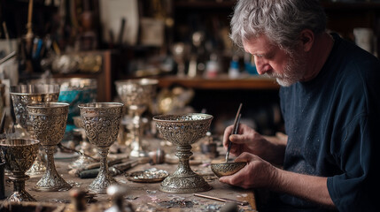 A man is working on a silver bowl