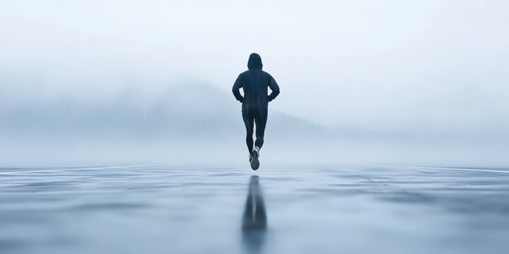 A runner in a dark outfit jogs alone on a misty, wet path, surrounded by a foggy landscape, evoking a sense of solitude and determination. - Powered by Adobe