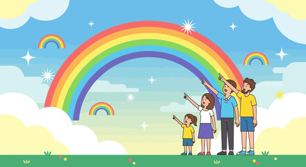 Naklejka premium Family Appreciating Colorful Sky and Rainbow with Clouds Over Beautiful Green Field