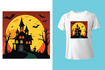 Black t shirt featuring a spooky halloween moon and bats design