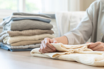 Housewife folding laundry clothes prepare before put in closet