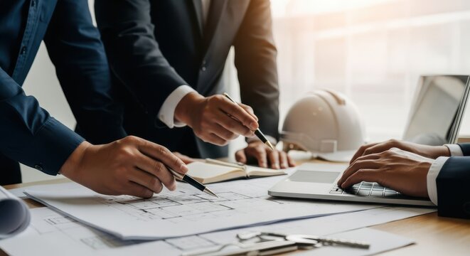 Team of professionals collaborating on architectural blueprints - Powered by Adobe