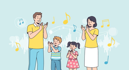 Family Clapping Together, Energetic, Happy, Joyous, Appreciative, Music Lovers Concept Illustration