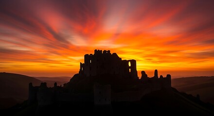 Dramatic Sunset Over Corfe Castle Ruins in Dorset, England.