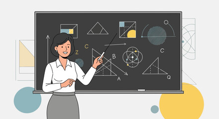 Female Teacher Explaining Geometry Concepts On A Chalkboard To Illustrate Education