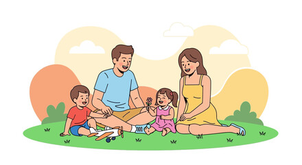 Naklejka premium Family Enjoying A Sunny Day Together, Relaxing And Playing Outside In Nature