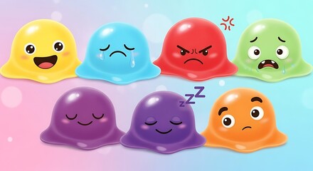 Cute Colorful Jelly Slime Characters with Various Emotions.