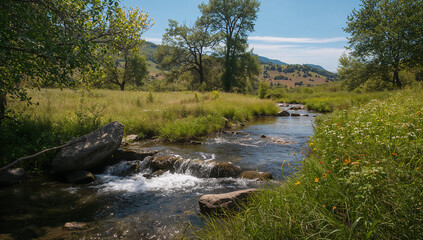 Tranquil Stream Flowing Through a Lush Green Landscape