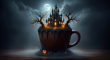 Spooky haunted castle on a giant teacup during a dramatic and stormy Halloween night with a full moon.