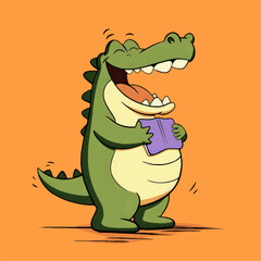 Illustration of a cute cartoon crocodile holding a book and laughing on an orange background.