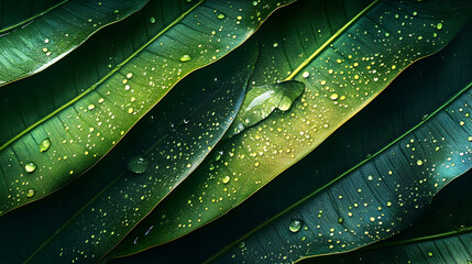 Fototapeta premium Close-up of Lush Green Leaves with Water Droplets After Rain.