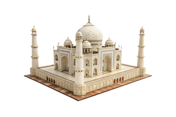 Detailed architectural model of famous white marble mausoleum with four minarets and central dome structure, isolated on a transparent background