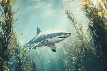 Obraz premium A great white shark swims through sun-dappled water, surrounded by kelp forests in its natural ocean environment, showcasing underwater beauty.