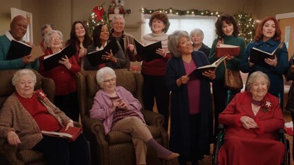 A group of joyful carolers fills a nursing home with Christmas spirit. Residents smile and sing along, creating a warm, festive atmosphere filled with joy and love - Powered by Adobe